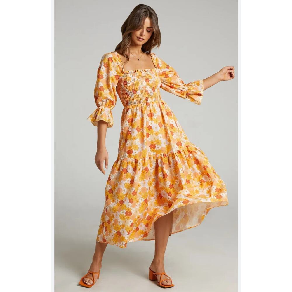 Charlie Holiday Amber 70s Orange Floral Puff Sleeve Shirred Midi Dress